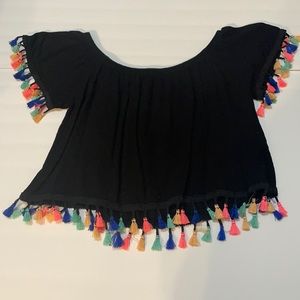 Black crop top with colorful tassel detail